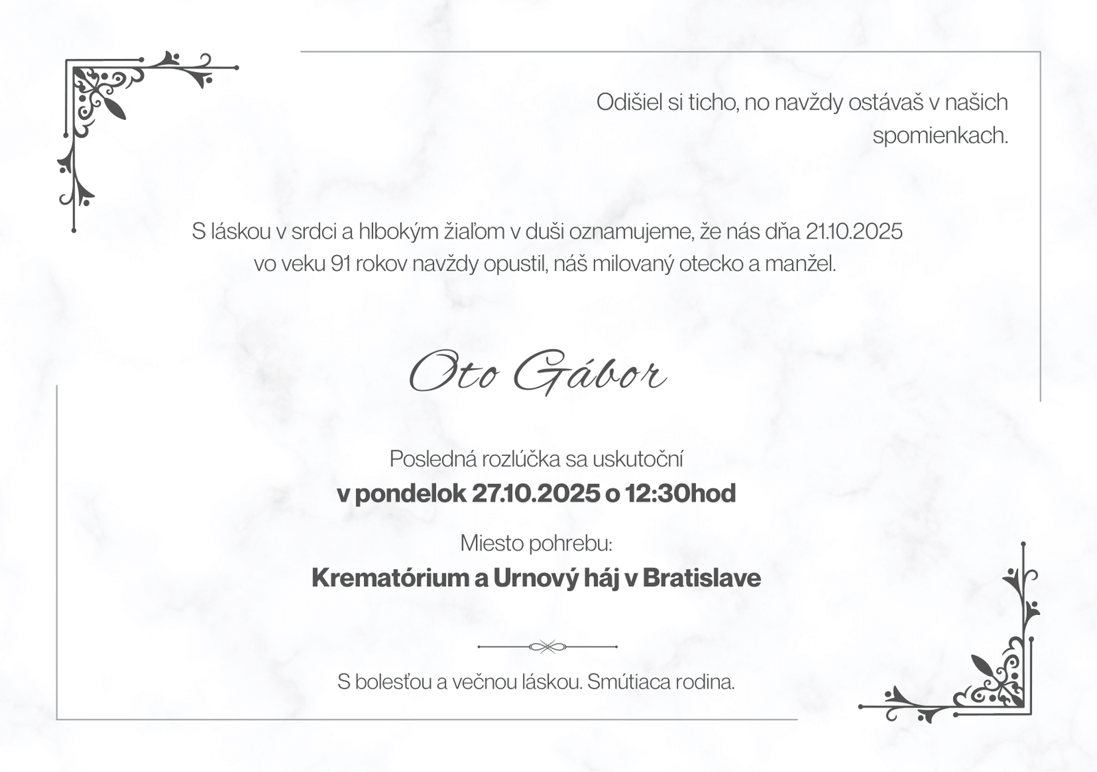 Smútočné oznámenie - Oto Gábor